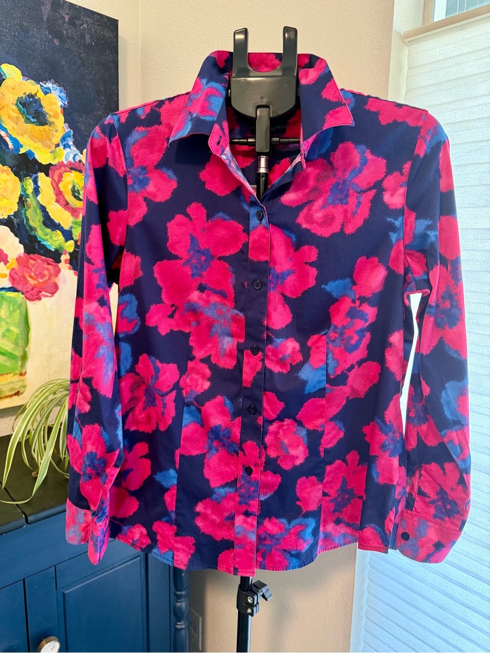 Foxcroft Wrinkle Free Stretch Floral Button Down Shirt Fitted Size 10